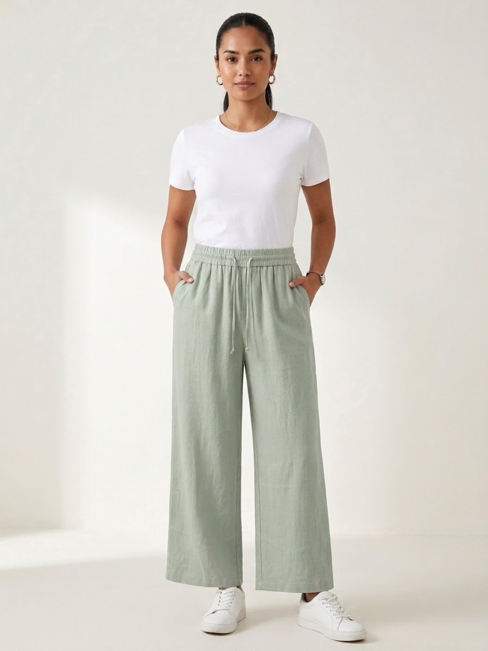 HALARA Relaxed Wide-Leg Drawstring Pants in Sage Green - Picture 2 of 3